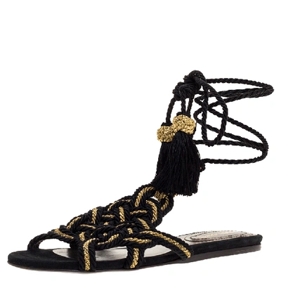 Pre-owned Roberto Cavalli Black/gold Woven Twisted Thread Gladiator Ankle Wrap Flat Sandals Size 38.5