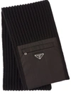 Prada Wool Scarf With Re-nylon Gabardine Pocket In Black