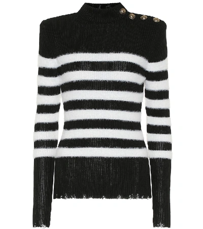 Balmain Striped Destroyed Sweater In Black