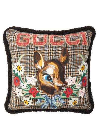 Gucci Bambi Embroidered Vintage Check Cushion In Brown, Multicolor