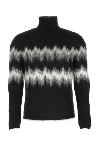 Saint Laurent High-neck Zigzag-intarsia Mohair-blend Sweater In Black,white