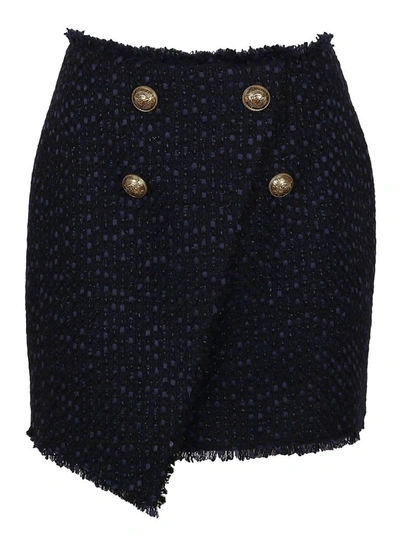 Balmain Button-embellished Asymmetric Tweed Mini Skirt In Blue