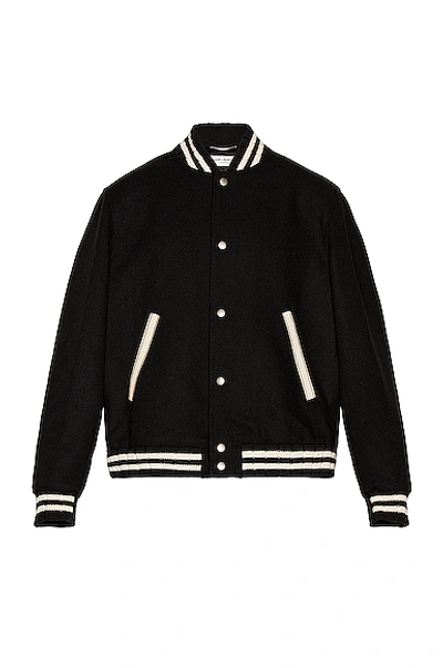 Saint Laurent Teddy Logo Patch Wool Blend Bomber Jacket In Noir