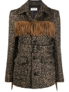 Saint Laurent Belted Fringed Leopard Wool-blend Jacquard Jacket In Neutrals