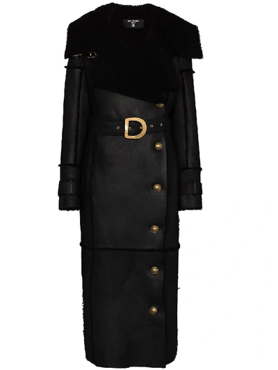 Balmain Exaggerated Collar Shearling Coat In Black