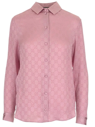 Gucci Gg Patterned Crepe Silk Shirt In Pink