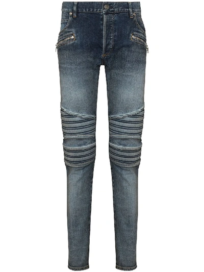 Balmain 15cm Vintage Embossed Slim Denim Jeans In Blue