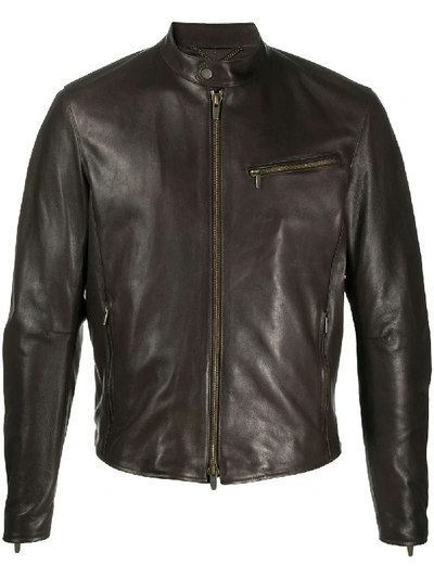 Ajmone Zipped Biker Jacket In Brown