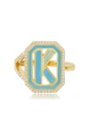 COLETTE 18KT YELLOW GOLD GATSBY K INITIAL DIAMOND AND TURQUOISE ENAMEL RING