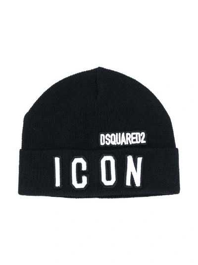 Dsquared2 Icon Embroidered Wool Blend Hat In Black