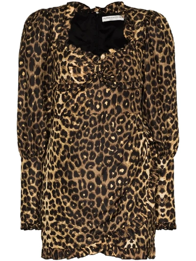 Alessandra Rich Leopard Print Silk Puff Sleeve Dress In Brown