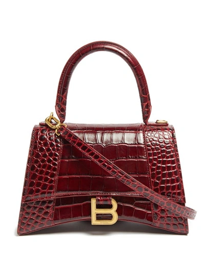 Balenciaga Red Hourglass Xs Mock Croc Leather Top Handle Bag In Dark Red