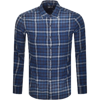 Replay Long Sleeved Checked Shirt Blue