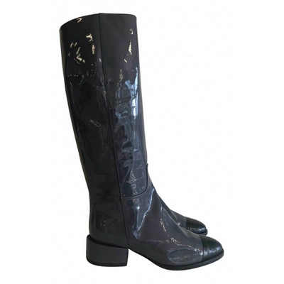 Pre-owned Dear Frances Patent Leather Boots In Navy