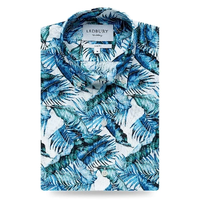 Ledbury Men's Blue Greencrest Palm Print Casual Shirt Classic Cotton/linen