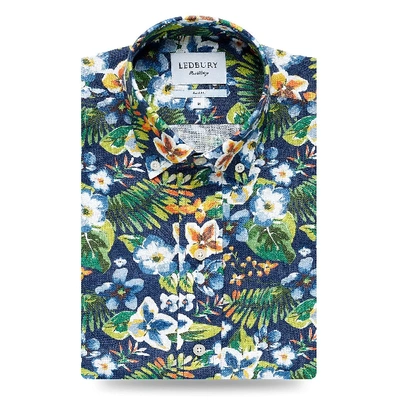 Ledbury Men's Navy Blue Elden Print Casual Shirt Classic Cotton/linen