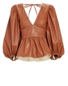 Staud Luna Topstitched Faux Leather Peplum Top In Brown