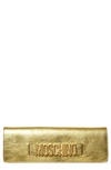 Moschino Embellished Logo Metallic Clutch In Shiny Gold
