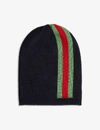 GUCCI MIDNIGHT BLUE KIDS WEB-STRIPE KNITTED BEANIE 4-14 YEARS S,459-3006058-5746824K206