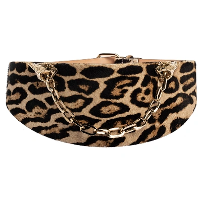 Pre-owned Roberto Cavalli Brown Leopard Print Calfhair Snake Head Chain Waist Belt 80cm