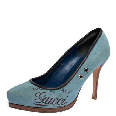 Pre-owned Gucci Blue Suede And Brown Leather Trim Eyelet Embellished Platform Pumps Size 35