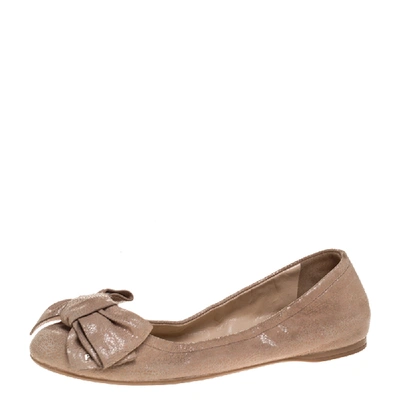 Pre-owned Prada Beige Textured Leather Bow Ballet Flats Size 37
