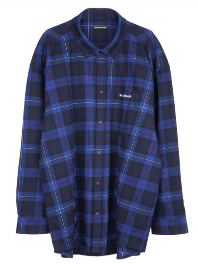 Balenciaga Blue Over-sized Check Print Flannel Shirt