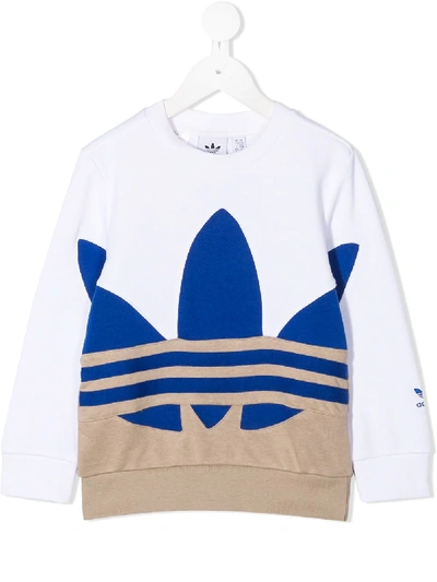 Adidas Originals Kids' Large Trefoil Crew Neck Sweatshirt In White