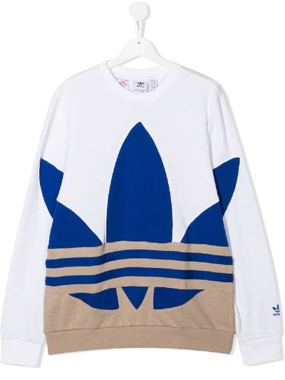 Adidas Originals Teen Large Trefoil Crew Neck Sweatshirt In White