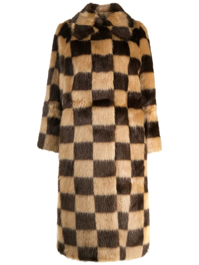 Stand Studio Nino Long Checkerboard Faux Fur Coat In Beige