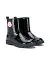 MONCLER PATENT LEATHER LOGO ANKLE BOOTS