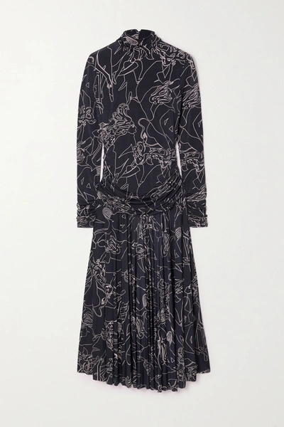 Victoria Victoria Beckham Pleated Printed Stretch-crepe Turtleneck Maxi Dress In Navy