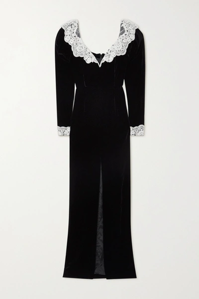 Alessandra Rich Lace-trimmed Sequin-embellished Velvet Gown In Black