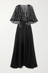 RABANNE CAPE-EFFECT SEQUIN-EMBELLISHED TULLE AND SILK-SATIN MAXI DRESS