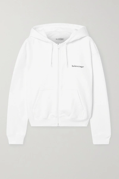 Balenciaga Logo Print Cotton Jersey Zip Hoodie In White Black