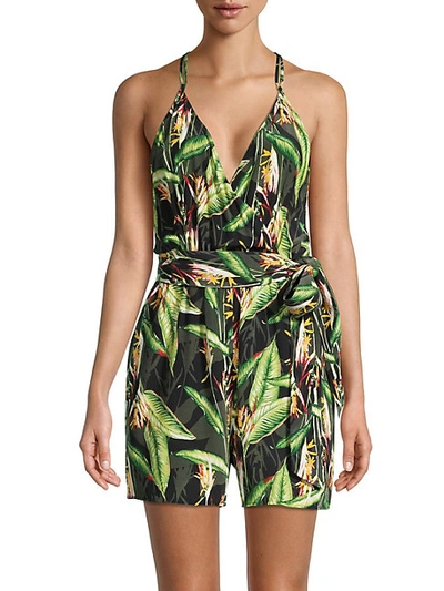 Bcbgmaxazria Tropical-print Tie-belt Romper In Black Bird Of Paradise