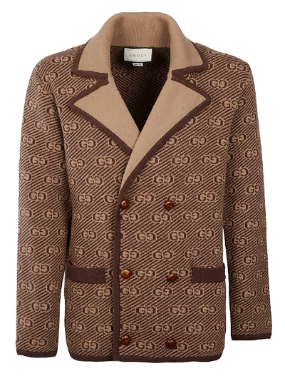 Gucci Double-breasted Logo Jacket In Brown/camel