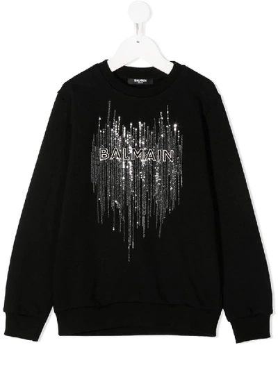 Balmain Kids' 亮片圆领棉质卫衣 In Black