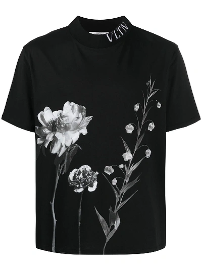 Valentino Vltn Floral-print T-shirt In Black