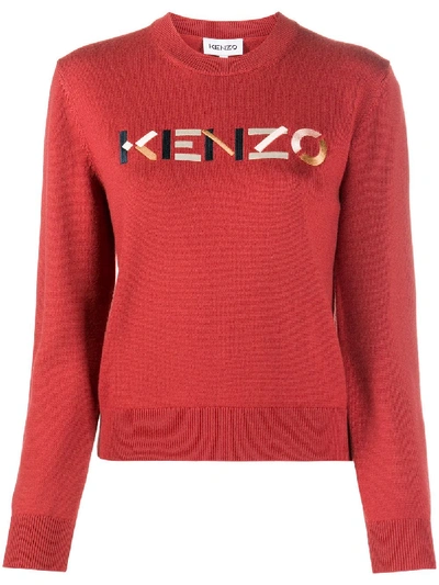 Kenzo Embroidered Logo Crew Neck Jumper In Brown,red