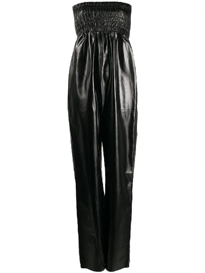 Bottega Veneta Strapless Shirred Crinkled Glossed-leather Jumpsuit In Black
