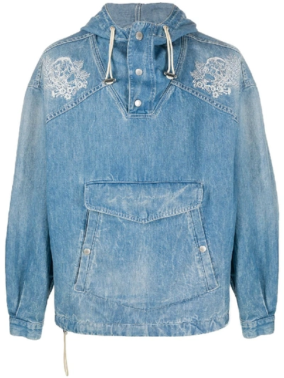 Alexander Mcqueen Stitched Skull Hooded Denim Jacket In Blue