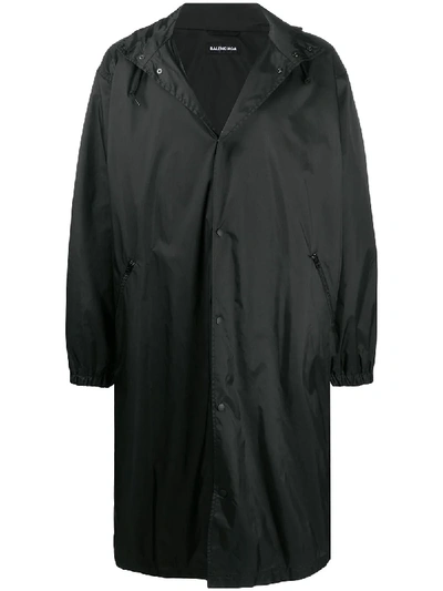 Balenciaga Long Nylon Raincoat With Logo Print In Black