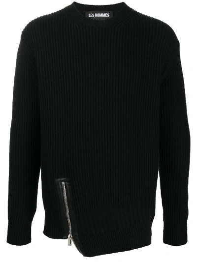 Les Hommes Asymmetric Zip Round Neck Sweater In Black