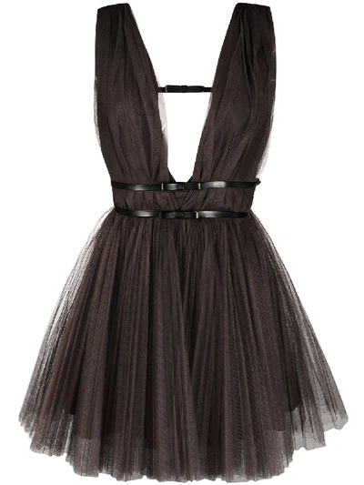 Brognano Tulle Mini Dress W/ Faux Leather Straps In Brown