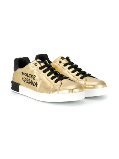 Dolce & Gabbana Kids' Laminated Lambskin Portofino Custom Sneakers With Logo Print In Gold/black