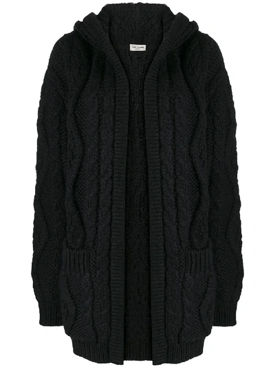 Saint Laurent Chunky Knit Hooded Cardigan In Black