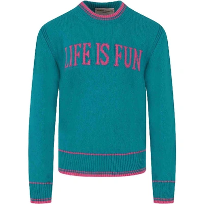 Alberta Ferretti Kids' Light Blue Sweater For Girl With Writing In Turquoise