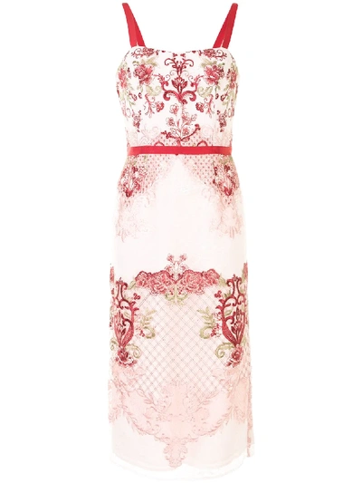 Marchesa Notte 3d Floral Embroidered Dress In Pink