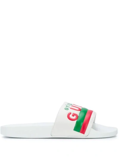 Gucci Slide Original Leather Sandals With Logo In Weiss